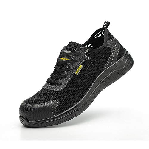 Morbuy Mesh Stahlkappe Arbeitsschuhe Herren Atmungsaktiv Sicherheitsschuhe Damen Sportlich Schuhe Trekking Schutzschuhe Sneaker rutschfest Draußen Bergsteigen (41EU=255mm,Schwarz) von Morbuy