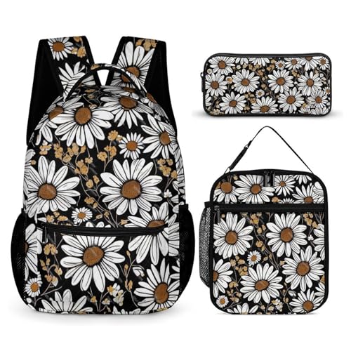 Morbuy Schultaschen Set Mädchen Jungen, 3D Blume Muster Schulrucksack 3 Teilig, Kinderrucksack + Isolierte Lunchtasche + Federmäppchen, Teenager Rucksack für Schule (Gänseblümchen) von Morbuy