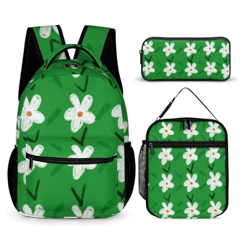 Morbuy Schultaschen Set Mädchen Jungen, 3D Blume Muster Schulrucksack 3 Teilig, Kinderrucksack + Isolierte Lunchtasche + Federmäppchen, Teenager Rucksack für Schule (Grün) von Morbuy