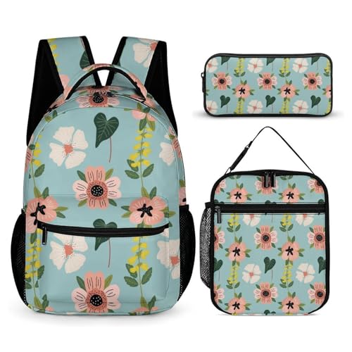 Morbuy Schultaschen Set Mädchen Jungen, 3D Blume Muster Schulrucksack 3 Teilig, Kinderrucksack + Isolierte Lunchtasche + Federmäppchen, Teenager Rucksack für Schule (Grün Blatt) von Morbuy