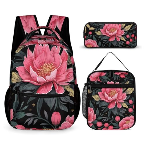 Morbuy Schultaschen Set Mädchen Jungen, 3D Blume Muster Schulrucksack 3 Teilig, Kinderrucksack + Isolierte Lunchtasche + Federmäppchen, Teenager Rucksack für Schule (Pfingstrosenblüte) von Morbuy