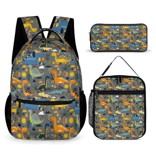 Morbuy Schultaschen Set Mädchen Jungen, 3D Dinosaurier Muster Schulrucksack 3 Teilig, Kinderrucksack + Isolierte Lunchtasche + Federmäppchen, Teenager Rucksack für Schule (Gelb Dinosaurier) von Morbuy