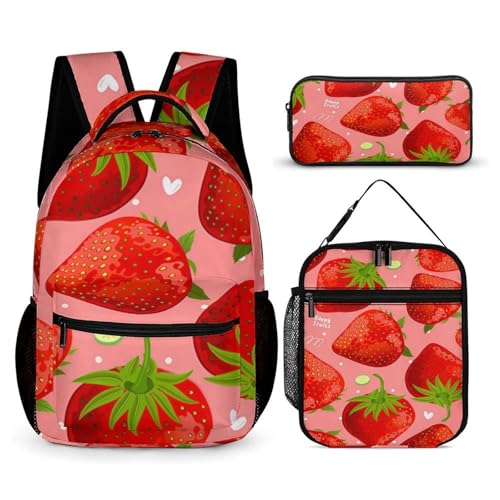 Morbuy Schultaschen Set Mädchen Jungen, 3D Erdbeere Muster Schulrucksack 3 Teilig, Kinderrucksack + Isolierte Lunchtasche + Federmäppchen, Teenager Rucksack für Schule Arbeit (Erdbeere) von Morbuy