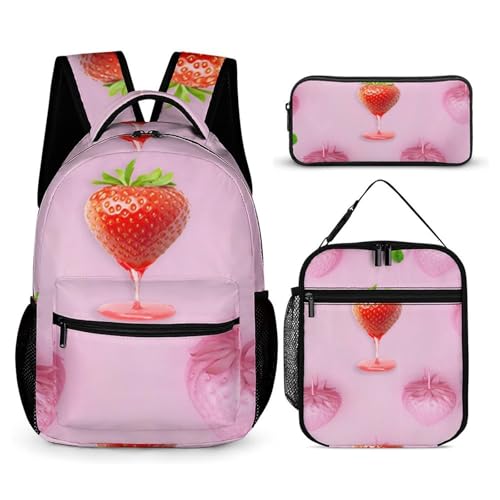 Morbuy Schultaschen Set Mädchen Jungen, 3D Erdbeere Muster Schulrucksack 3 Teilig, Kinderrucksack + Isolierte Lunchtasche + Federmäppchen, Teenager Rucksack für Schule Arbeit (Erdbeere 1) von Morbuy