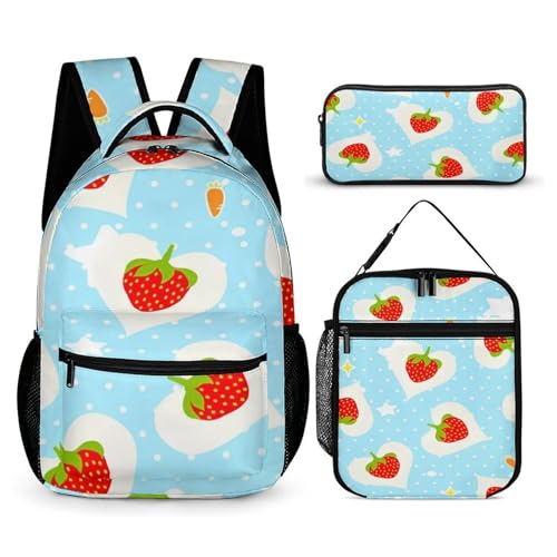 Morbuy Schultaschen Set Mädchen Jungen, 3D Erdbeere Muster Schulrucksack 3 Teilig, Kinderrucksack + Isolierte Lunchtasche + Federmäppchen, Teenager Rucksack für Schule Arbeit (Liebesherz) von Morbuy