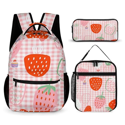 Morbuy Schultaschen Set Mädchen Jungen, 3D Erdbeere Muster Schulrucksack 3 Teilig, Kinderrucksack + Isolierte Lunchtasche + Federmäppchen, Teenager Rucksack für Schule Arbeit (Rosa Plaid) von Morbuy