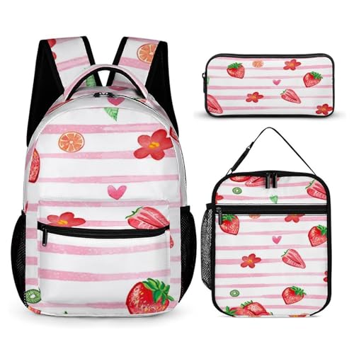Morbuy Schultaschen Set Mädchen Jungen, 3D Erdbeere Muster Schulrucksack 3 Teilig, Kinderrucksack + Isolierte Lunchtasche + Federmäppchen, Teenager Rucksack für Schule Arbeit (Rosa Streifen) von Morbuy