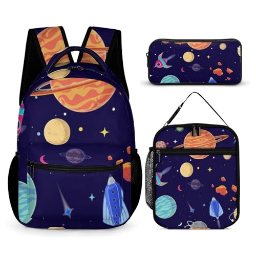 Morbuy Schultaschen Set Mädchen Jungen, 3D Karikatur Planet Muster Schulrucksack 3 Teilig, Kinderrucksack + Isolierte Lunchtasche + Federmäppchen, Teenager Rucksack für Schule (Karikatur) von Morbuy