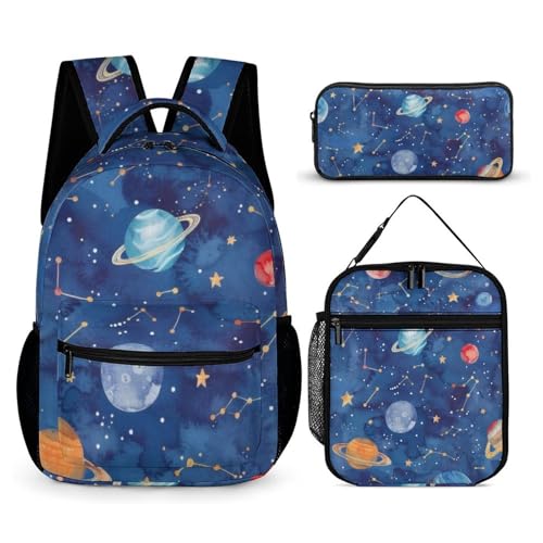 Morbuy Schultaschen Set Mädchen Jungen, 3D Karikatur Planet Muster Schulrucksack 3 Teilig, Kinderrucksack + Isolierte Lunchtasche + Federmäppchen, Teenager Rucksack für Schule (Konstellation) von Morbuy