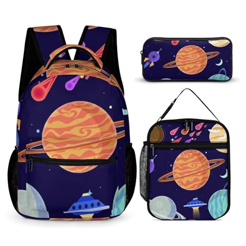 Morbuy Schultaschen Set Mädchen Jungen, 3D Karikatur Planet Muster Schulrucksack 3 Teilig, Kinderrucksack + Isolierte Lunchtasche + Federmäppchen, Teenager Rucksack für Schule (Planet 1) von Morbuy