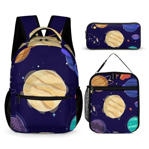 Morbuy Schultaschen Set Mädchen Jungen, 3D Karikatur Planet Muster Schulrucksack 3 Teilig, Kinderrucksack + Isolierte Lunchtasche + Federmäppchen, Teenager Rucksack für Schule (Planet 2) von Morbuy