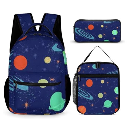 Morbuy Schultaschen Set Mädchen Jungen, 3D Karikatur Planet Muster Schulrucksack 3 Teilig, Kinderrucksack + Isolierte Lunchtasche + Federmäppchen, Teenager Rucksack für Schule (Sternenhimmel) von Morbuy