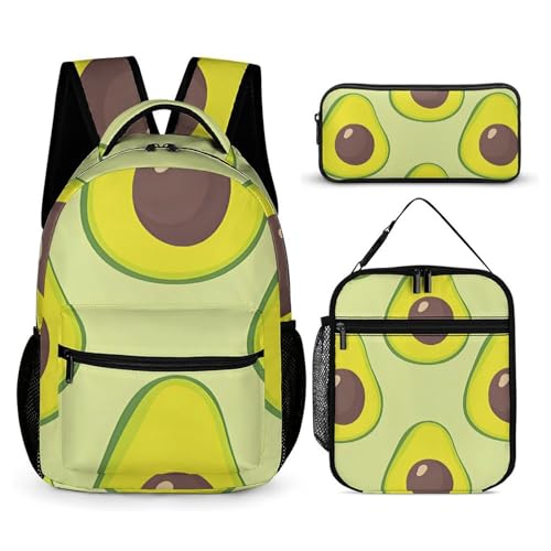 Morbuy Schultaschen Set Mädchen Jungen, 3D Obst Muster Schulrucksack 3 Teilig, Kinderrucksack + Isolierte Lunchtasche + Federmäppchen, Teenager Rucksack für Schule (Avocado) von Morbuy