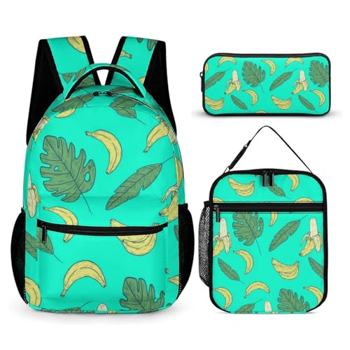 Morbuy Schultaschen Set Mädchen Jungen, 3D Obst Muster Schulrucksack 3 Teilig, Kinderrucksack + Isolierte Lunchtasche + Federmäppchen, Teenager Rucksack für Schule (Gelb Banane) von Morbuy