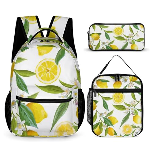 Morbuy Schultaschen Set Mädchen Jungen, 3D Obst Muster Schulrucksack 3 Teilig, Kinderrucksack + Isolierte Lunchtasche + Federmäppchen, Teenager Rucksack für Schule (Gelb Zitrone) von Morbuy
