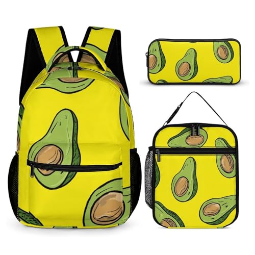 Morbuy Schultaschen Set Mädchen Jungen, 3D Obst Muster Schulrucksack 3 Teilig, Kinderrucksack + Isolierte Lunchtasche + Federmäppchen, Teenager Rucksack für Schule (Grün Avocado) von Morbuy