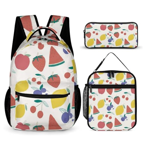Morbuy Schultaschen Set Mädchen Jungen, 3D Obst Muster Schulrucksack 3 Teilig, Kinderrucksack + Isolierte Lunchtasche + Federmäppchen, Teenager Rucksack für Schule (Kirsche + Apfel) von Morbuy