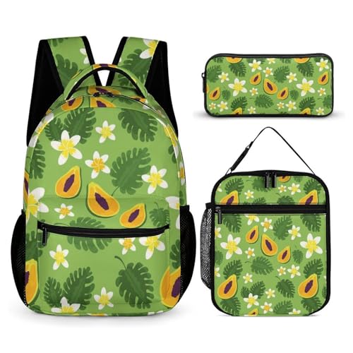 Morbuy Schultaschen Set Mädchen Jungen, 3D Obst Muster Schulrucksack 3 Teilig, Kinderrucksack + Isolierte Lunchtasche + Federmäppchen, Teenager Rucksack für Schule (Papaya + Frangipani) von Morbuy