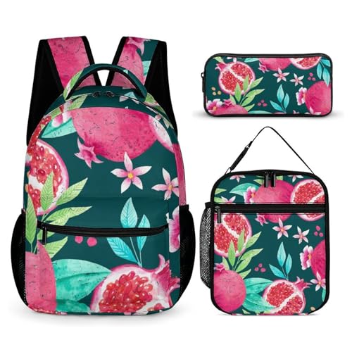 Morbuy Schultaschen Set Mädchen Jungen, 3D Obst Muster Schulrucksack 3 Teilig, Kinderrucksack + Isolierte Lunchtasche + Federmäppchen, Teenager Rucksack für Schule (Rot Granatapfel) von Morbuy