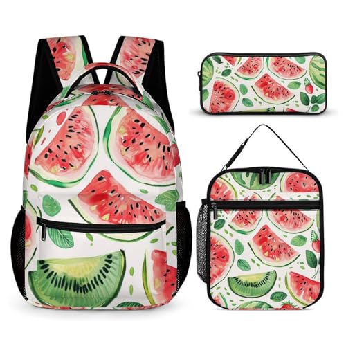 Morbuy Schultaschen Set Mädchen Jungen, 3D Obst Muster Schulrucksack 3 Teilig, Kinderrucksack + Isolierte Lunchtasche + Federmäppchen, Teenager Rucksack für Schule (Rot Wassermelone) von Morbuy