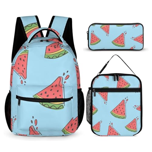 Morbuy Schultaschen Set Mädchen Jungen, 3D Obst Muster Schulrucksack 3 Teilig, Kinderrucksack + Isolierte Lunchtasche + Federmäppchen, Teenager Rucksack für Schule (Wassermelone) von Morbuy