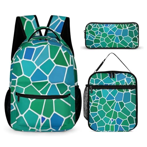 Morbuy Schultaschen Set Mädchen Jungen, 3D Riss Stil Schulrucksack 3 Teilig, Kinderrucksack + Isolierte Lunchtasche + Federmäppchen, Teenager Rucksack für Schule Arbeit Travel (Grün + Blau) von Morbuy
