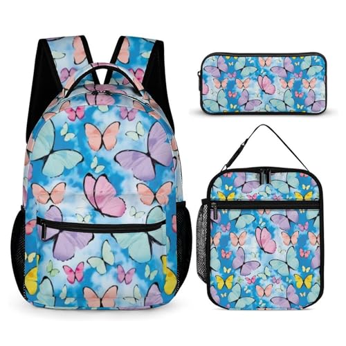 Morbuy Schultaschen Set Mädchen Jungen, 3D Schmetterling Muster Schulrucksack 3 Teilig, Kinderrucksack + Isolierte Lunchtasche + Federmäppchen, Teenager Rucksack für Schule (Bunt) von Morbuy