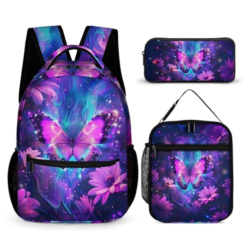 Morbuy Schultaschen Set Mädchen Jungen, 3D Schmetterling Muster Schulrucksack 3 Teilig, Kinderrucksack + Isolierte Lunchtasche + Federmäppchen, Teenager Rucksack für Schule (Gänseblümchen) von Morbuy