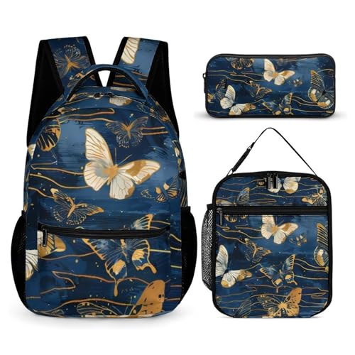 Morbuy Schultaschen Set Mädchen Jungen, 3D Schmetterling Muster Schulrucksack 3 Teilig, Kinderrucksack + Isolierte Lunchtasche + Federmäppchen, Teenager Rucksack für Schule (Gold Schmetterling) von Morbuy