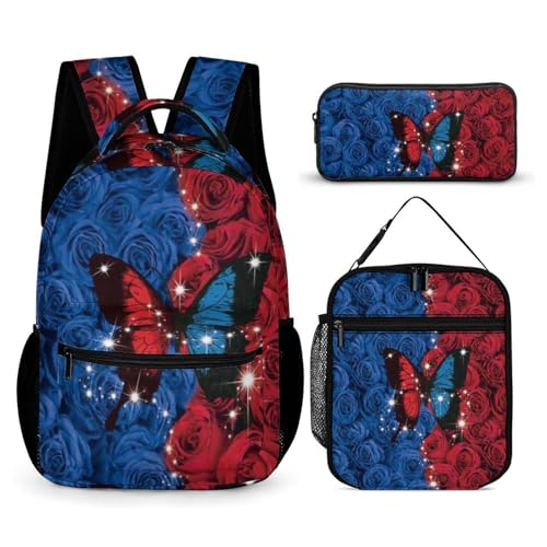 Morbuy Schultaschen Set Mädchen Jungen, 3D Schmetterling Muster Schulrucksack 3 Teilig, Kinderrucksack + Isolierte Lunchtasche + Federmäppchen, Teenager Rucksack für Schule (Rosenblume) von Morbuy