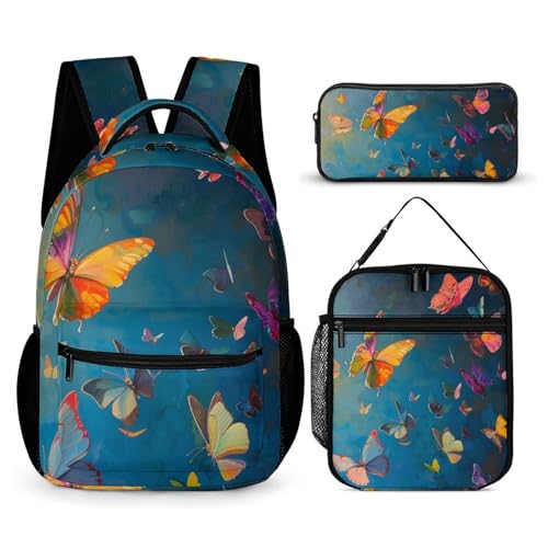 Morbuy Schultaschen Set Mädchen Jungen, 3D Schmetterling Muster Schulrucksack 3 Teilig, Kinderrucksack + Isolierte Lunchtasche + Federmäppchen, Teenager Rucksack für Schule (Schmetterling 2) von Morbuy