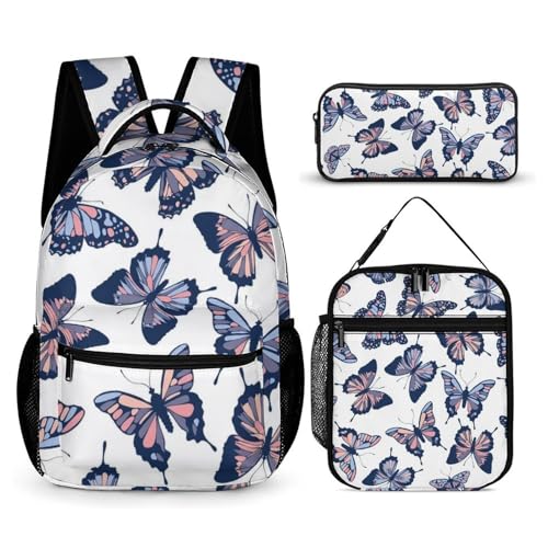 Morbuy Schultaschen Set Mädchen Jungen, 3D Schmetterling Muster Schulrucksack 3 Teilig, Kinderrucksack + Isolierte Lunchtasche + Federmäppchen, Teenager Rucksack für Schule (Schmetterling 3) von Morbuy