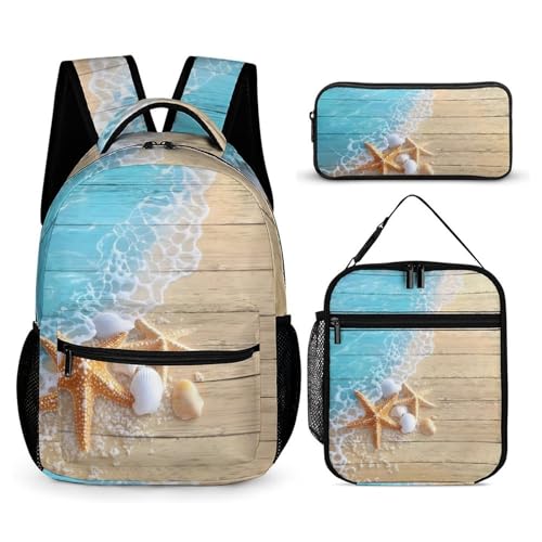 Morbuy Schultaschen Set Mädchen Jungen, 3D Seestern Muster Schulrucksack 3 Teilig, Kinderrucksack + Isolierte Lunchtasche + Federmäppchen, Teenager Rucksack für Schule Arbeit (Holzbrett) von Morbuy