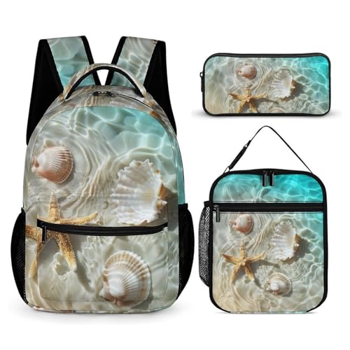 Morbuy Schultaschen Set Mädchen Jungen, 3D Seestern Muster Schulrucksack 3 Teilig, Kinderrucksack + Isolierte Lunchtasche + Federmäppchen, Teenager Rucksack für Schule Arbeit (Muschel) von Morbuy