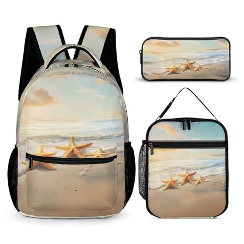 Morbuy Schultaschen Set Mädchen Jungen, 3D Seestern Muster Schulrucksack 3 Teilig, Kinderrucksack + Isolierte Lunchtasche + Federmäppchen, Teenager Rucksack für Schule Arbeit (Sandstrand) von Morbuy