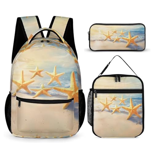 Morbuy Schultaschen Set Mädchen Jungen, 3D Seestern Muster Schulrucksack 3 Teilig, Kinderrucksack + Isolierte Lunchtasche + Federmäppchen, Teenager Rucksack für Schule Arbeit (Seestern) von Morbuy