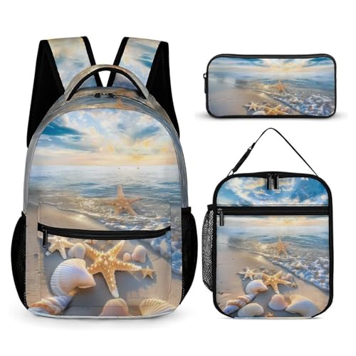 Morbuy Schultaschen Set Mädchen Jungen, 3D Seestern Muster Schulrucksack 3 Teilig, Kinderrucksack + Isolierte Lunchtasche + Federmäppchen, Teenager Rucksack für Schule Arbeit (Seestern 1) von Morbuy