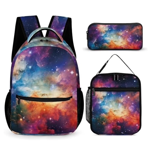Morbuy Schultaschen Set Mädchen Jungen, 3D Sternenhimmel Muster Schulrucksack 3 Teilig, Kinderrucksack + Isolierte Lunchtasche + Federmäppchen, Teenager Rucksack für Schule (Funkelnder Stern) von Morbuy