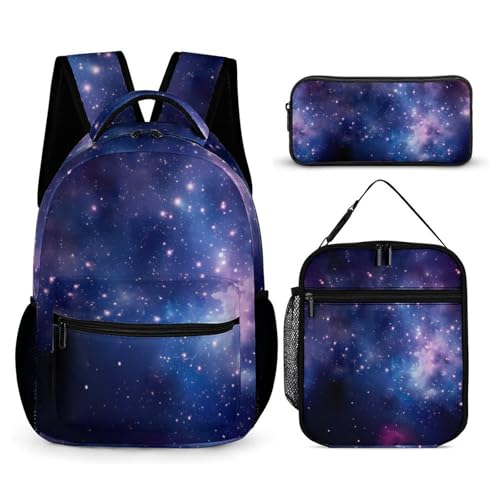 Morbuy Schultaschen Set Mädchen Jungen, 3D Sternenhimmel Muster Schulrucksack 3 Teilig, Kinderrucksack + Isolierte Lunchtasche + Federmäppchen, Teenager Rucksack für Schule (Interstellar) von Morbuy