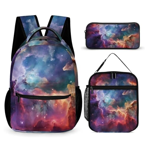 Morbuy Schultaschen Set Mädchen Jungen, 3D Sternenhimmel Muster Schulrucksack 3 Teilig, Kinderrucksack + Isolierte Lunchtasche + Federmäppchen, Teenager Rucksack für Schule (Universum) von Morbuy