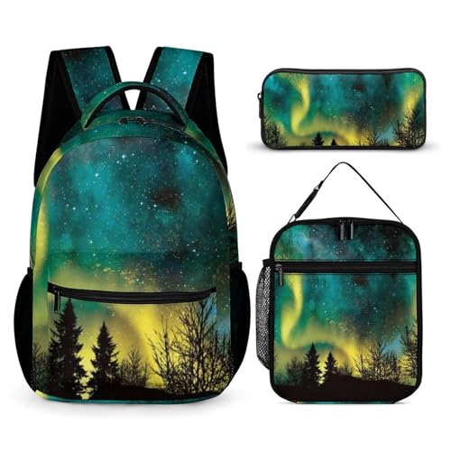 Morbuy Schultaschen Set Mädchen Jungen, 3D Sternenhimmel Muster Schulrucksack 3 Teilig, Kinderrucksack + Isolierte Lunchtasche + Federmäppchen, Teenager Rucksack für Schule (Wald) von Morbuy