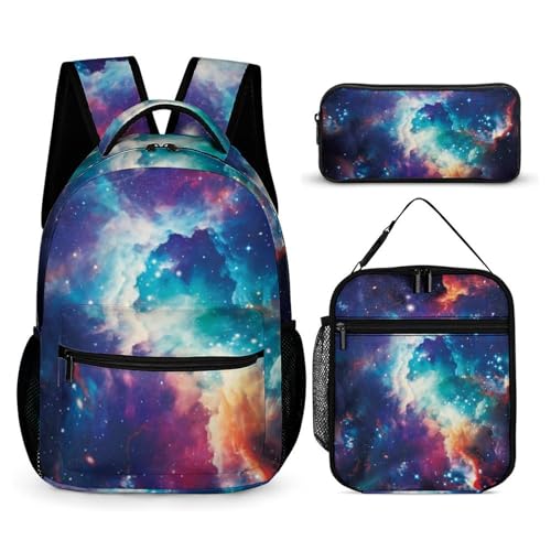 Morbuy Schultaschen Set Mädchen Jungen, 3D Sternenhimmel Muster Schulrucksack 3 Teilig, Kinderrucksack + Isolierte Lunchtasche + Federmäppchen, Teenager Rucksack für Schule (Weltraum) von Morbuy