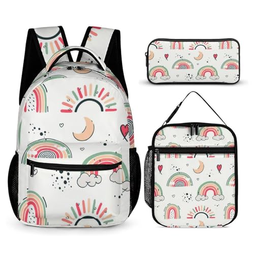 Morbuy Schultaschen Set Mädchen Jungen, Regenbogen Stil Schulrucksack 3 Teilig, Kinderrucksack + Isolierte Lunchtasche + Federmäppchen, Teenager Rucksack für Schule Arbeit Travel (Halbmond) von Morbuy