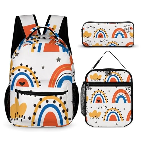 Morbuy Schultaschen Set Mädchen Jungen, Regenbogen Stil Schulrucksack 3 Teilig, Kinderrucksack + Isolierte Lunchtasche + Federmäppchen, Teenager Rucksack für Schule Arbeit Travel (Stern) von Morbuy