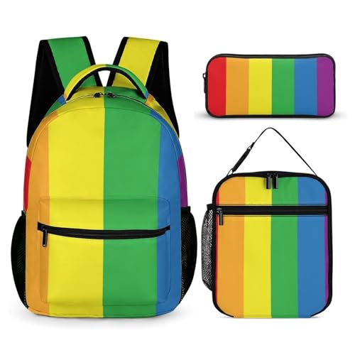 Morbuy Schultaschen Set Mädchen Jungen, Regenbogen Stil Schulrucksack 3 Teilig, Kinderrucksack + Isolierte Lunchtasche + Federmäppchen, Teenager Rucksack für Schule Arbeit Travel (Streifen) von Morbuy