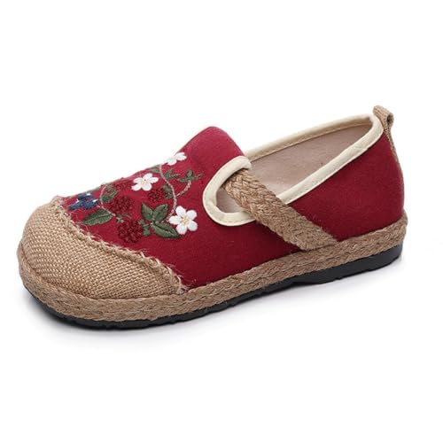 Morbuy Stickerei Espadrilles für Damen, Unisex Espadrilles Flach Canvas Slip-On Sommer Casual Sommerschuhe Bequem Schuhe Flache Schuhe Weich Atmungsaktiv 35-40 (Rot,37) von Morbuy