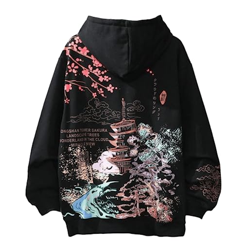 Damen Herren Ästhetischer japanischer Sakura Hoodie, Y2K Anime Harajuku Tuch koreanische Kapuze Langarm Sweatshirt für Winter Herbst, Schwarz, Large von Mordelar