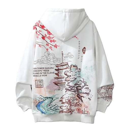 Damen Herren Ästhetischer japanischer Sakura Hoodie, Y2K Anime Harajuku Tuch koreanische Kapuze Langarm Sweatshirt für Winter Herbst, Weiss/opulenter Garten, Large von Mordelar