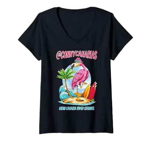 Damen Surf Vibe Flamingo by Connycanarias T-Shirt mit V-Ausschnitt Damen Surf Vibe Flamingo by Connycanarias T-Shirt mit V-Ausschnitt von More Connyscanarias