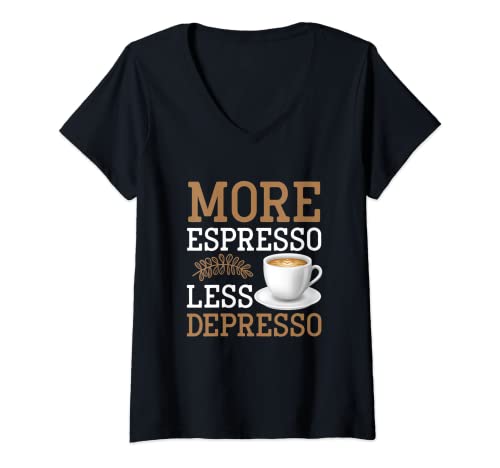 Damen More Espresso Less Depresso - Lustiger Koffein-Enthusiast T-Shirt mit V-Ausschnitt von More Espresso Less Depresso - Coffee Lover Gift